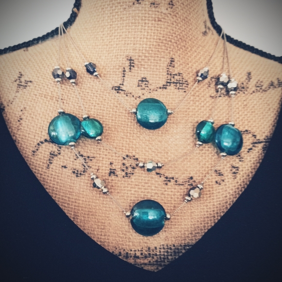 3 Strand Fixed Point Aquamarine & Slate Beaded Silver Statement Necklace - Picture 7 of 8